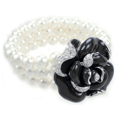 Rosette - Pearls and Black Enamel with CZ Bracelet