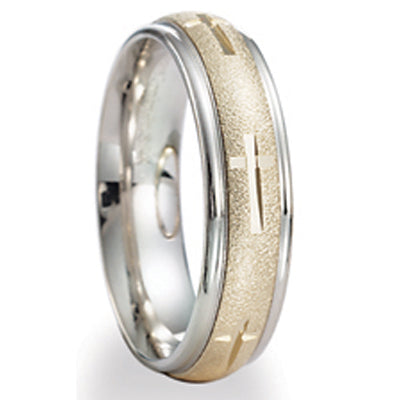 Two Tone Cross Engraved Wedding Band