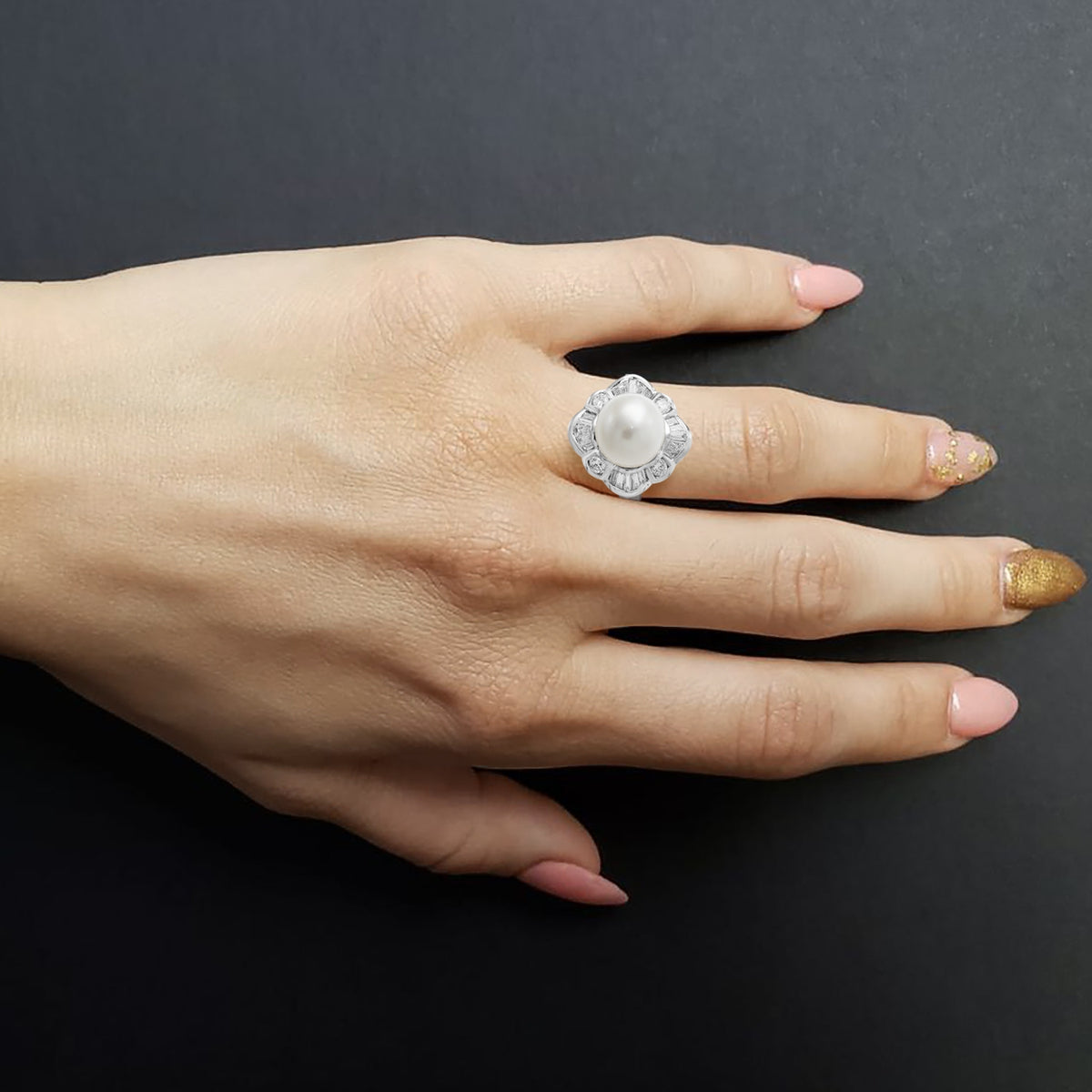 Baguette Diamond Haloed Pearl Ring