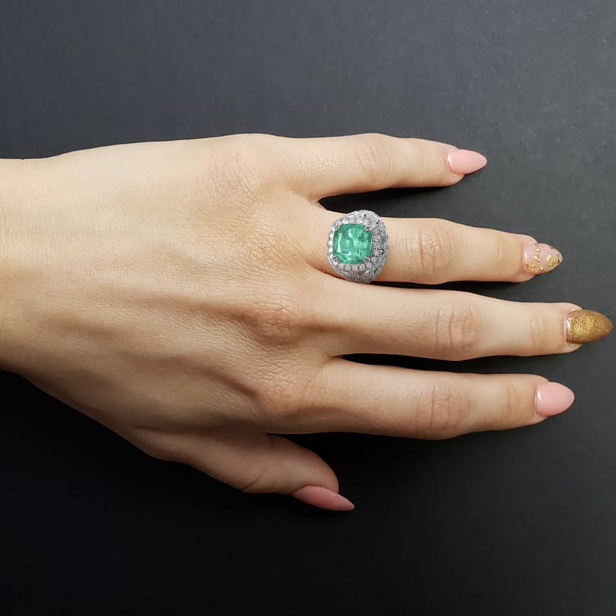 Cushion Columbian Emerald and Diamond Ring